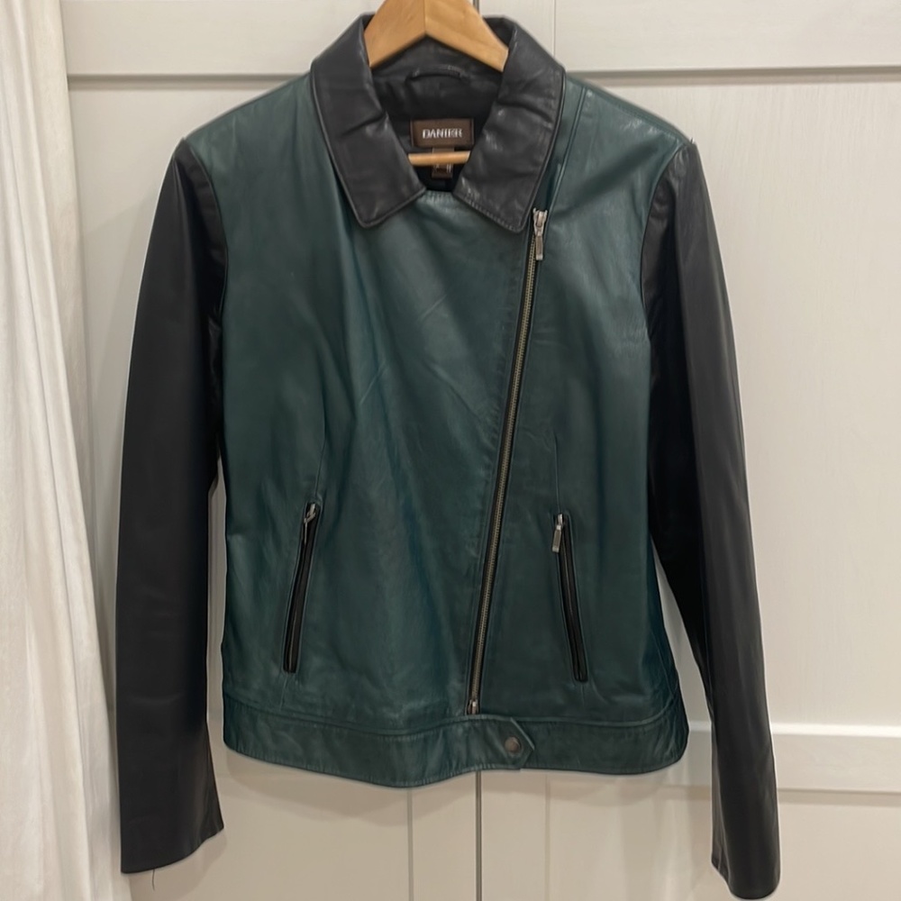 Danier Genuine Leather black and green Jacket Moto Style women’s large - Picture 7 of 13